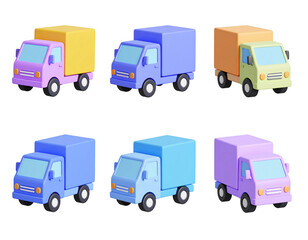 Six pastel-colored delivery trucks in 3D render