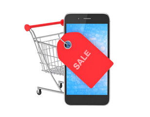 Mobile phone displaying sale tag next to shopping cart