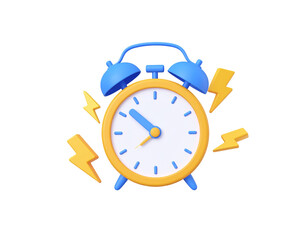 A 3D rendering of a vibrant yellow and blue alarm clock, surrounded by stylized lightning bolts, suggesting urgency and speed
