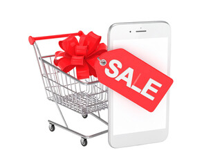 A miniature shopping cart with a gift bow next to a smartphone displaying a "SALE" tag, illustrating online shopping deals