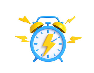 A 3D rendered blue alarm clock with yellow lightning bolts, symbolizing urgent time