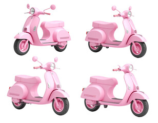 Four views of a pastel pink vintage scooter