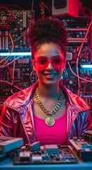 Obraz premium Woman with Sparkling Makeup and Y2K Glasses Under Neon Lighting.