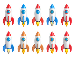 A collection of twelve cartoon rockets in various color schemes, ready for launch
