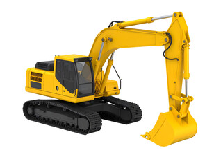 A yellow excavator, a powerful machine used for digging and earthmoving, shown in a three-quarter view