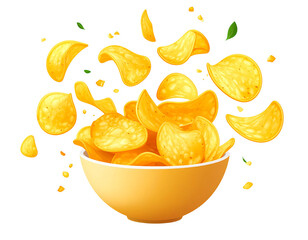 Crispy potato chips in a bowl, airborne and scattered around it, with herbs