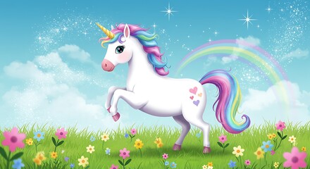 Magical unicorn prancing freely in a meadow under a colorful rainbow