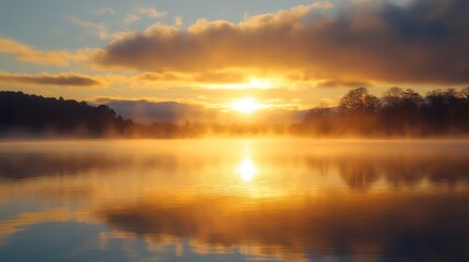Golden Sunrise Over Misty Lake Reflecting Sunlight and Clouds