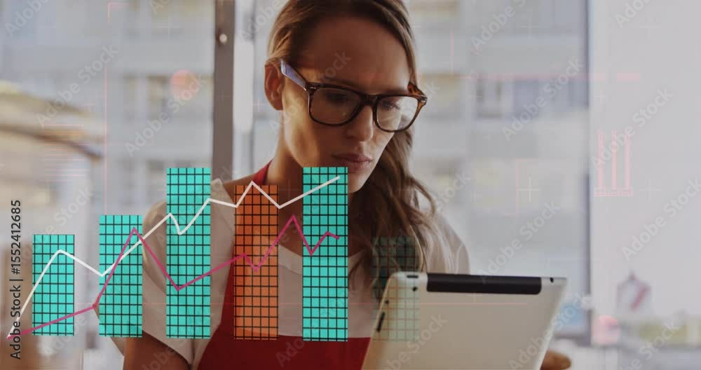 Poster barista scrolling tablet in cafe and analyzing rising bar charts tracing trend lines for sales
