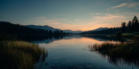 Fototapeta premium Serene dusk at a tranquil lake surrounded by mountains and trees in the wilderness