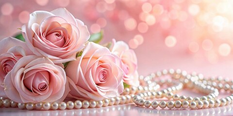 Delicate pink roses and pearls adorn a soft pink background, creating a romantic and elegant atmosphere , delicate