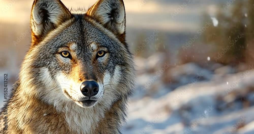 Poster close up of a wolf in a snowy environment with soft focus background and warm sunlight. this image i