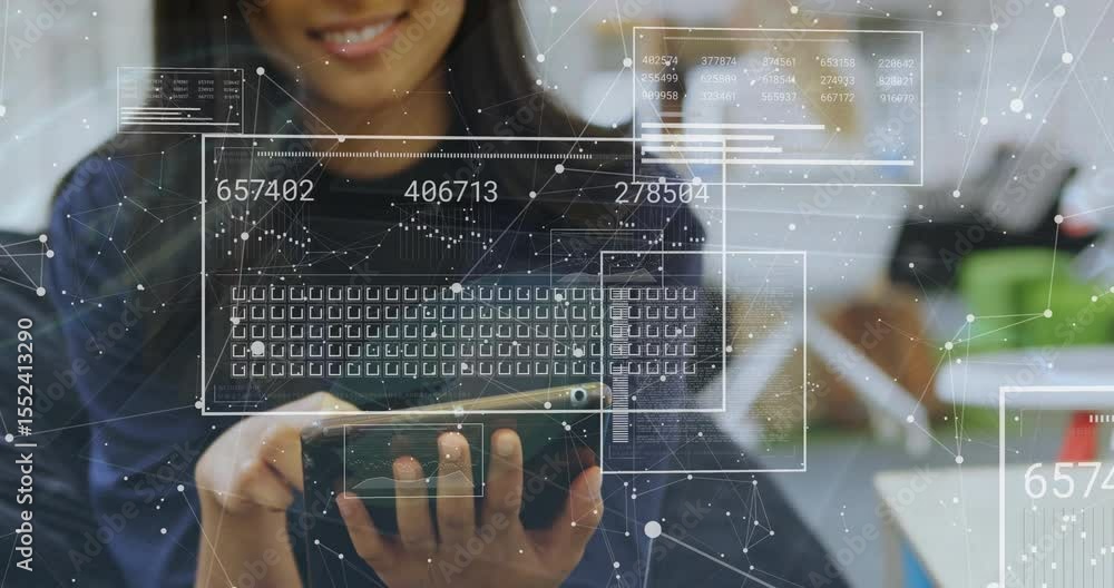Poster woman tapping tablet surface and generating holographic data panels for interactive analysis