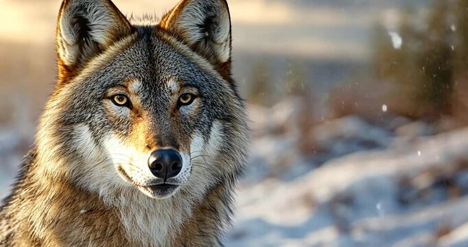 Close up of a wolf in a snowy environment with soft focus background and warm sunlight. This image is a screenshot from video