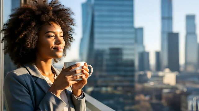 Business woman enjoys morning coffee overlooking city skyline. Successful entrepreneur relaxes, visualizing success. Ideal for finance, leadership and corporate lifestyle videos. - Powered by Adobe