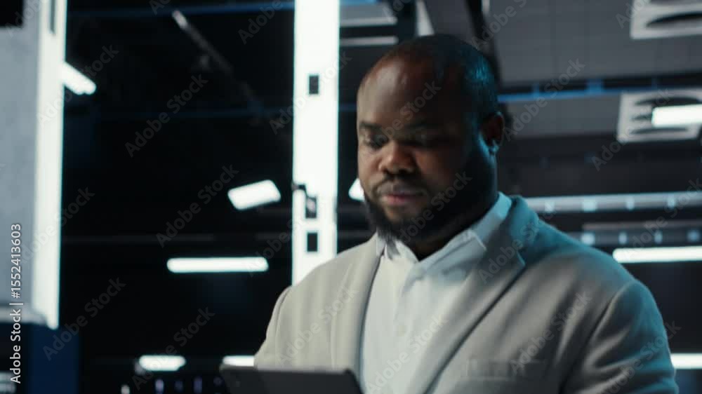 Poster server room technician doing troubleshooting using tablet to prevent downtime. it expert walking in 