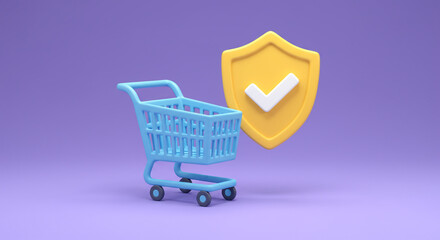 Safe online store design in 3D showing a cart and verified shield, floating cleanly with white checkmark and subtle purple background

