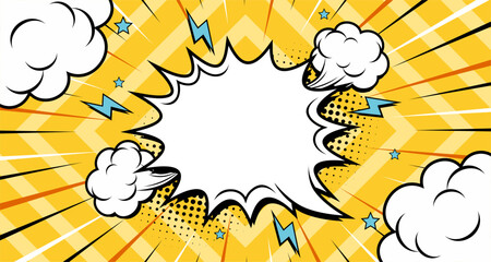 Blank comic cartoon yellow background with thunder lightning. empty dialog background