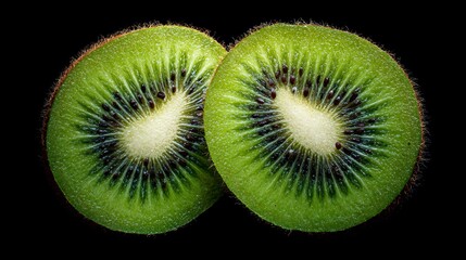 Freshly sliced kiwi halves displaying vibrant green flesh and black seeds on black background
