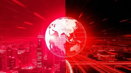 Red digital cityscape with glowing globe, futuristic technology, abstract technology background. Modern city landscape. 4k video - Powered by Adobe