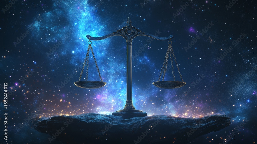 Poster exploring the celestial balance libra's dynamic representation in a cosmic environment