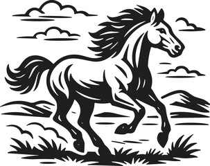 Black and White Silhouette of a Couple Backpacking and Hiking in Mountains, Overlooking a Lake, Illustrating Adventure and Nature.