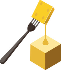 Flat illustration of a cheese fondue forklifting bread cube with white background.