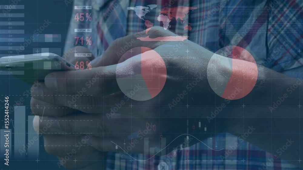 Poster data analyst tapping smartphone screen and activating data hud in tech workspace for data review