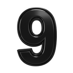 Glossy Black Number Nine 3d Render Illustration with Isolated Background