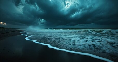 Dark teal seascape under dramatic stormy sky. Waves crashing on a beach with wet sand reflecting ambient light. Atmospheric coastal video clip - Powered by Adobe