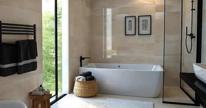 Modern bathroom interior with white bathtub shower and sink set in bright lighting with decorative items and view of the outside through large windows
