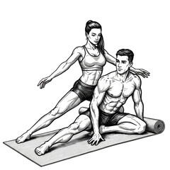 Fototapeta premium Exercise Illustration with Man and Woman Doing Fitness Workout Together