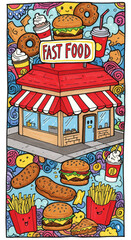 Fast Food Restaurant Doodle Illustration with Burgers Fries and Donut
