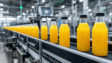 Orange juice bottles moving on a production line.