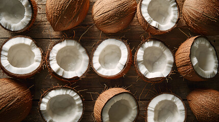 Coconuts on display, halved and whole, resting on a rustic wooden surface under directional, warm lighting.
