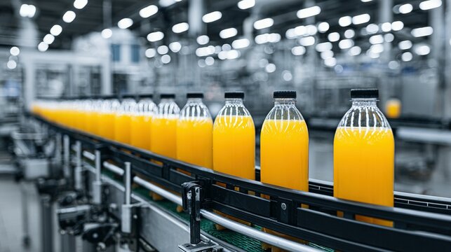 Plastic bottles of juice moving on a production line.