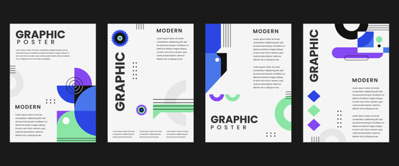 Modern graphic poster background vector set. Minimalist cover template with vibrant perspective geometric shapes. Ideal design for social media, cover, banner, flyer