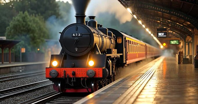 Video of a vintage steam train pulling into a station at dusk with warm lighting a black locomotive with red accents and passengers cars on tracks. The station has arches and reflective surfaces