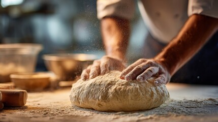 Baker kneads dough on a wooden surface in a warm kitchen during early morning hours