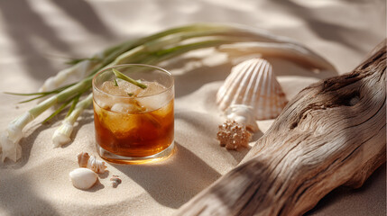 Iced drink on a sandy beach with shells, flowers and a drift wood for a summery, beachy vibes.