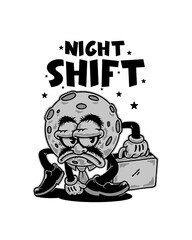 A grumpy moon-headed character dragging through the night shift, exhausted and fed up with his eternal cosmic workload.