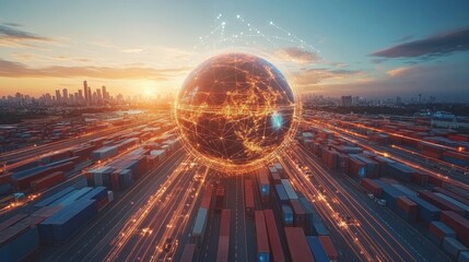 High-tech urban landscape dynamic digital network and global connectivity in futuristic aerial view