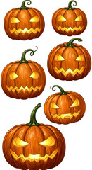 Illustration Festive Pumpkins with Carved Faces Glowing for Halloween