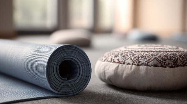 Relaxing yoga mats and cushions arranged in serene studio space for meditation and mindfulness practice during daylight hours