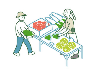 ファーマーズマーケット　八百屋　 手描きアイソメトリックイラスト