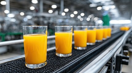 Glasses of orange juice on a factory conveyor belt.