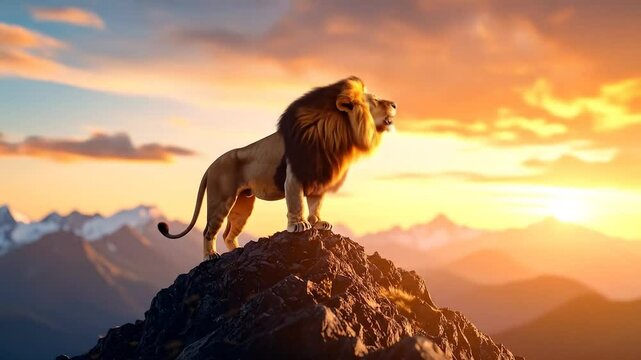 Majestic Lion On Mountaintop At Golden Sunrise