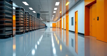 Video of a data center interior with rows of servers bright orange doors and reflective flooring offering a futuristic look - Powered by Adobe