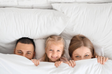Parents with their little daughter lying under blanket on bed, top view