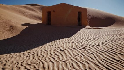 Abandoned orange building casting long shadows on rippled sand dunes in a vast desert landscape under a clear blue sky, highlighting the contrast between man made and natural elements - Powered by Adobe